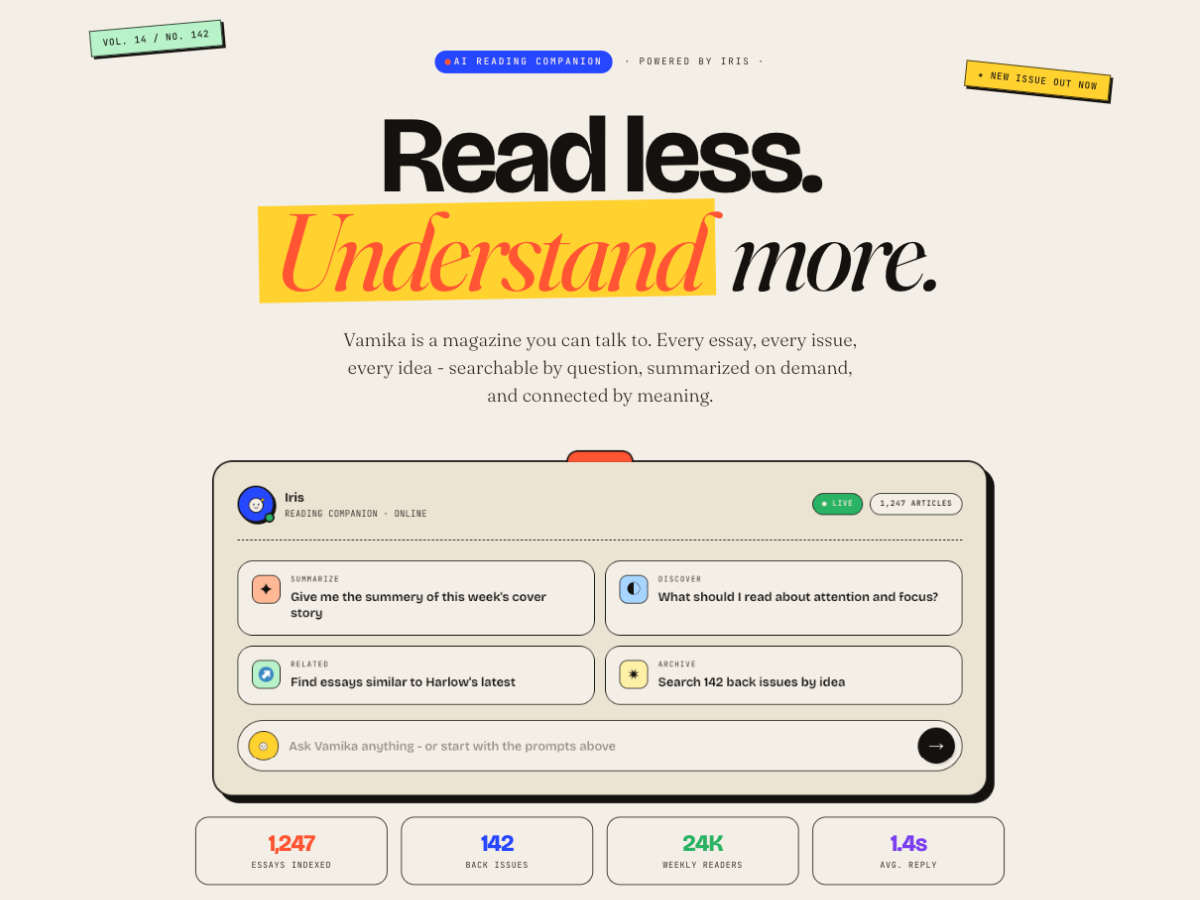 Vamika AI Magazine theme — homepage hero with reading companion